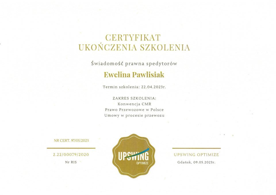 Certyfikat Świadomość Prawna Spedytorow - Ewelina Pawlisiak